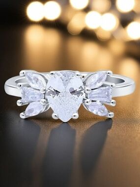 Silver Pear-Cut CZ Halo Ring with Marquise Accent Stones